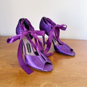 TOM FORD • purple satin evening heels pumps peep toe ankle ribbon tie stiletto